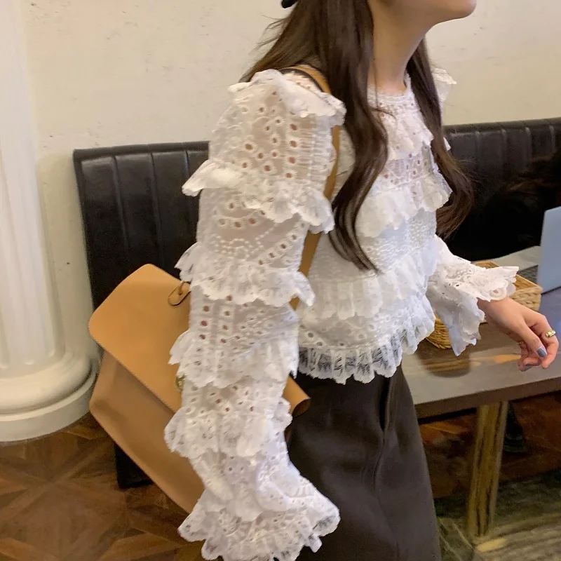 

Women's Stylish Chiffon Shirts Solid Lace O-Neck Hollow Out Crocheted Layers Flare Sleeves Loose Shirt Autumn Spring 2021
