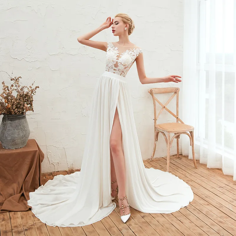 Robe De Mariee романтическое кружевное свадебное платье в стиле бохо Сексуальная Прямая спина с Боковым Разрезом свадебное пляжное платье Vestido de Noiva