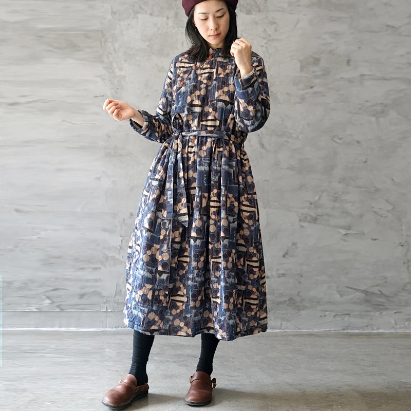 Женское платье Ципао с цветочным принтом Johnature свободное теплое в стиле ретро