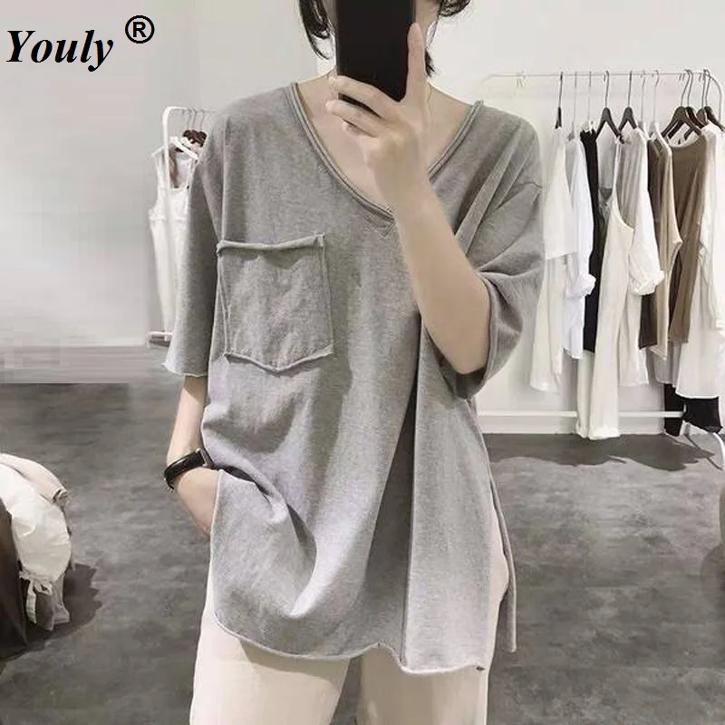 Minimalist Basic Split Pocket Tops Loose Women Men 2021 Korean All-Match Casual Solid Summer Female Tees Full-Sleeved T-shirt