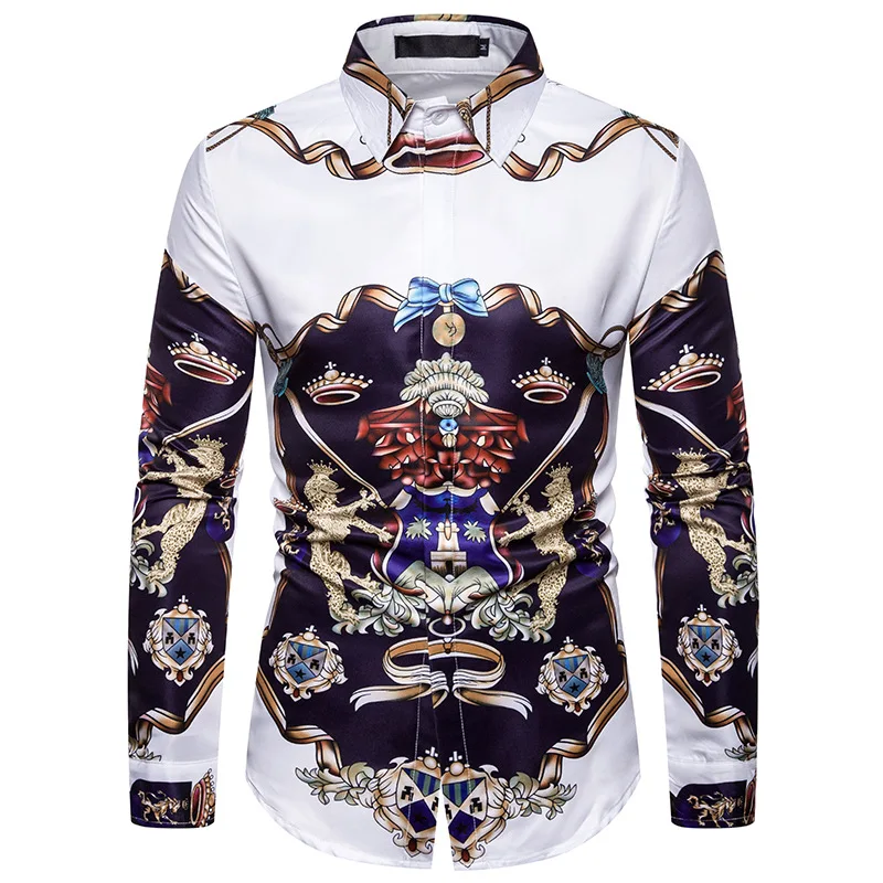 Luxury Royal Mens Shirts Casual Slim Fit Cross Gemstone Printed Long Sleeve Slim Fit Chemise Homme Men Prom Party Tuxedo Shirt