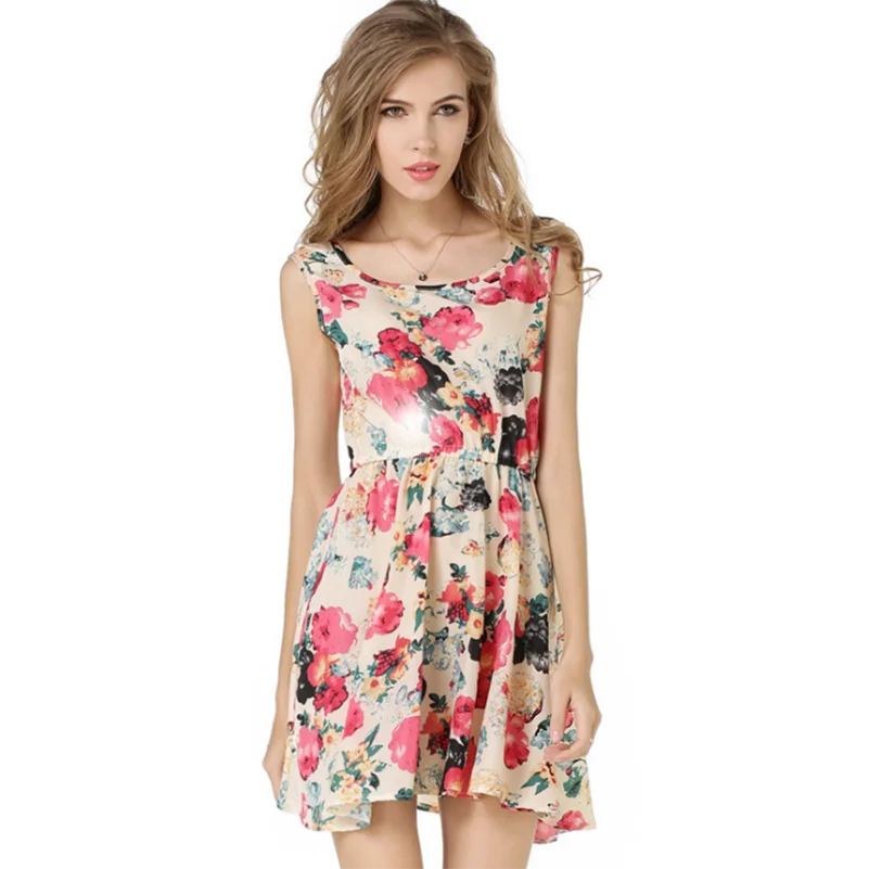 Мини Стильное женское платье с принтом круглым вырезом цветочный принт Пляжное