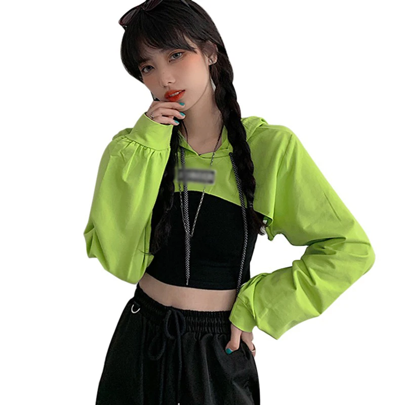 

Ultra Short Hooded Sweater Women High Waist Cropped Hip-hop Long-sleeved Top