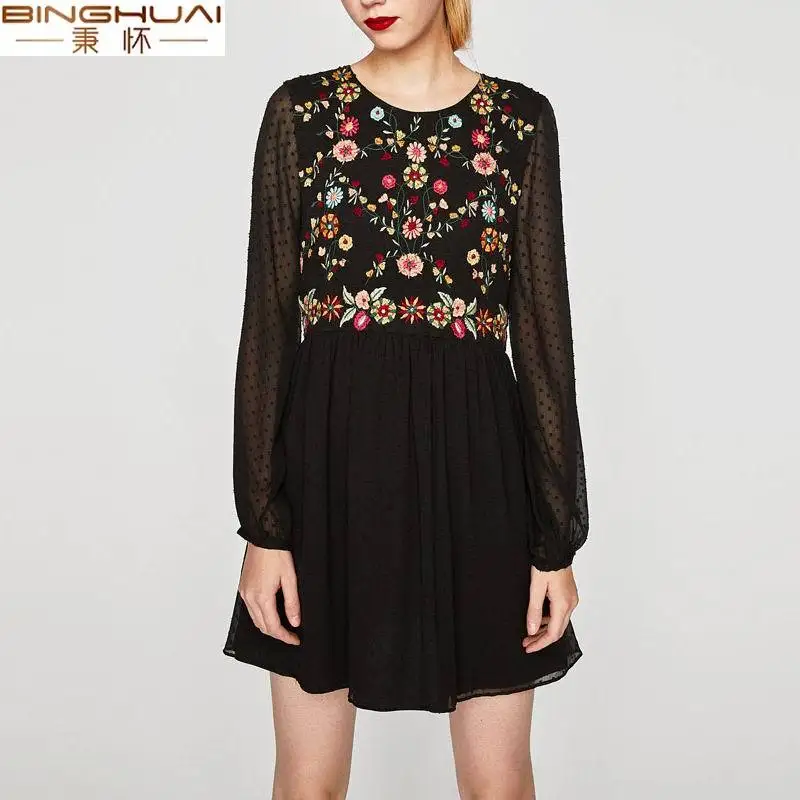 Женское шифоновое Сетчатое платье za черное с длинными рукавами и цветочной