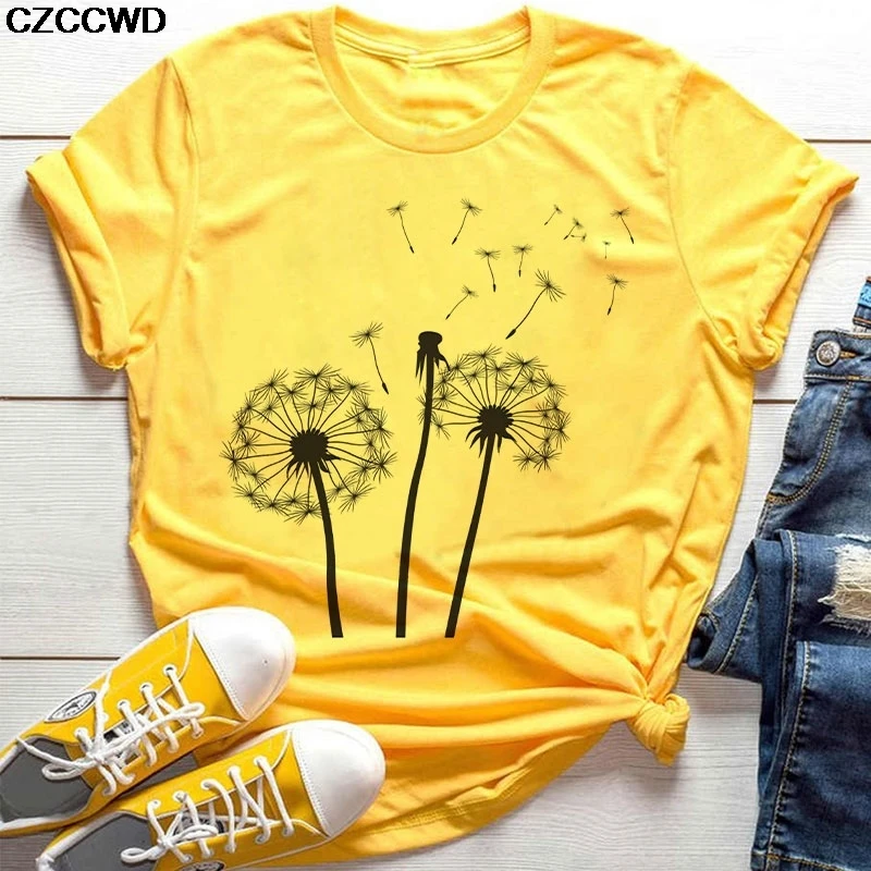 Женская футболка с принтом диких цветов Повседневная желтая букета одуванчиков