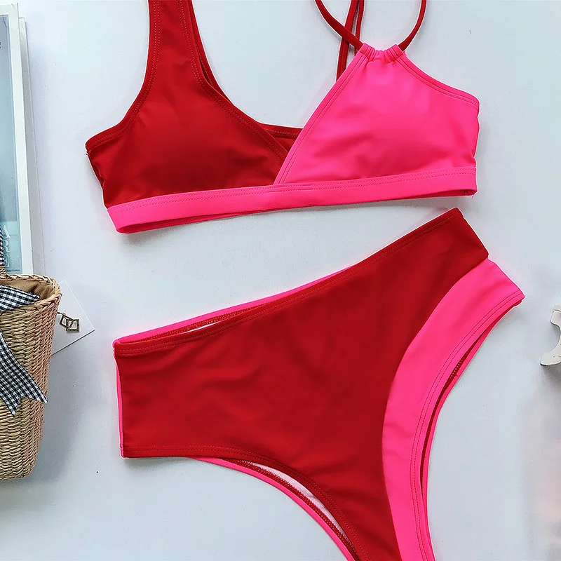 

INGAGA High Waist Bikini Set Swimsuits Push Up Swimwear Women Red Biquini Bathing Suits 2021 Sexy V-neck Wrap Beach Wear