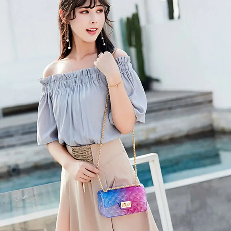 Женские сумки прозрачный плед желе цепи через плечо градиент конфеты | Багаж и