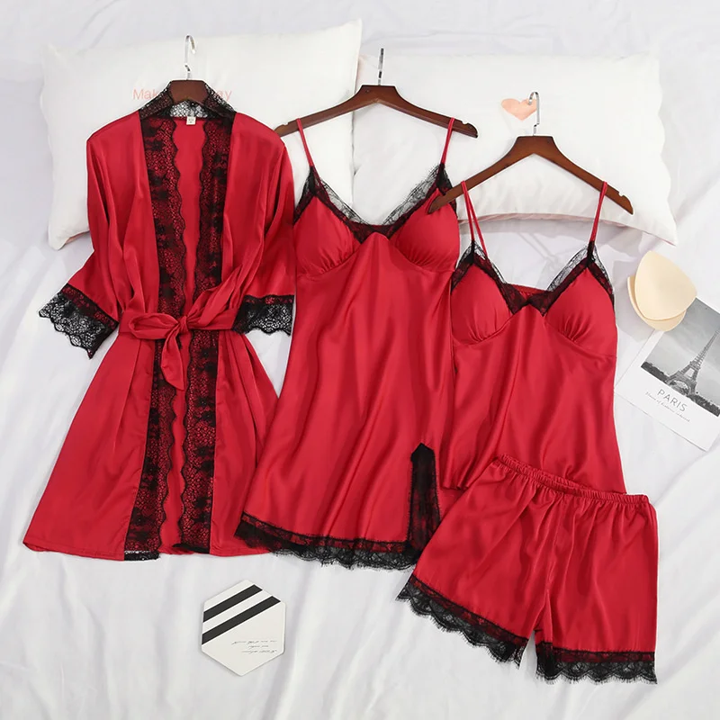 

2021 Plus Size Pajamas Sets Women Sheer Lace Satin Sexy Halterneck Cami Top Shorts Set Backless 1 2 Pieces Pajamas Suits