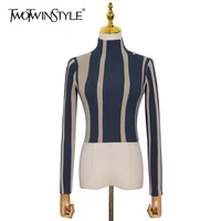 twotwinstyle striped temperament t shirt for women turtleneck long sleeve hit color slim short tops female fashionable new tide