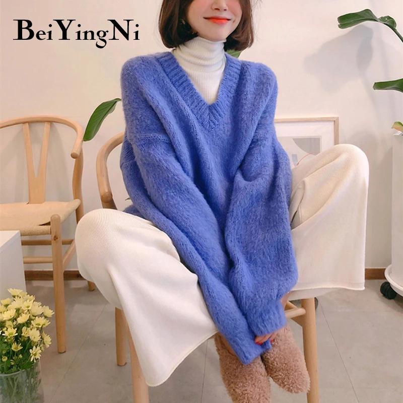 

Beiyingni Oversized Sweater Solid Color Autumn Women's Casual Loose Knitted Thick Sweaters Vintage Coats Pullover Clothes Pull