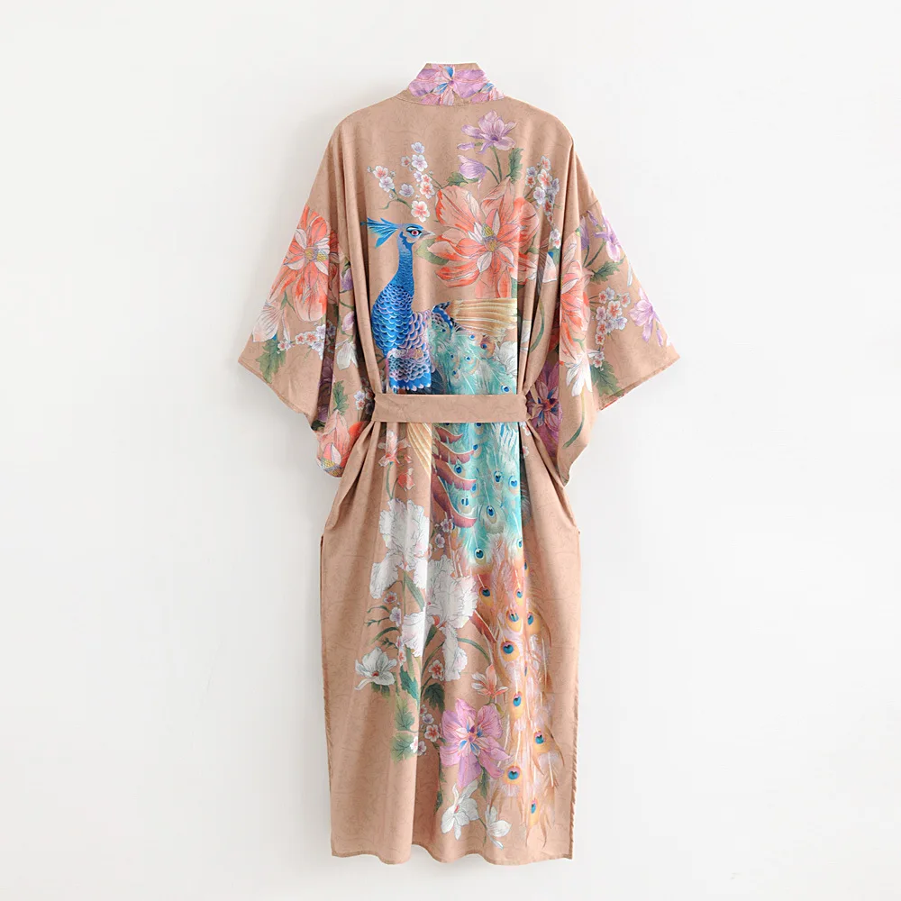 

Kimono Sleeve Robe Kaftan Khaki Floral print Boho Cardigan Sexy Side Slits Gypsy Beach Summer Autumn Long Women Blouses Blusas