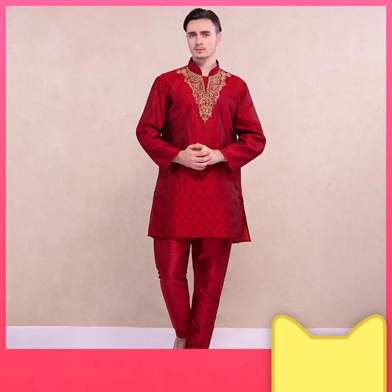 Индийский мужской красный костюм этнические комплекты с вышивкой удобные