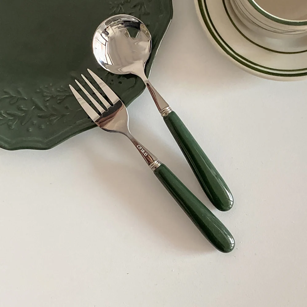 

Ceramic Handle Spoon Fork Retro Stainless Steel Flatware Salad Cake Fruit Spoon Fork Cutlery Coffee Spoon Dinnerware Tableware