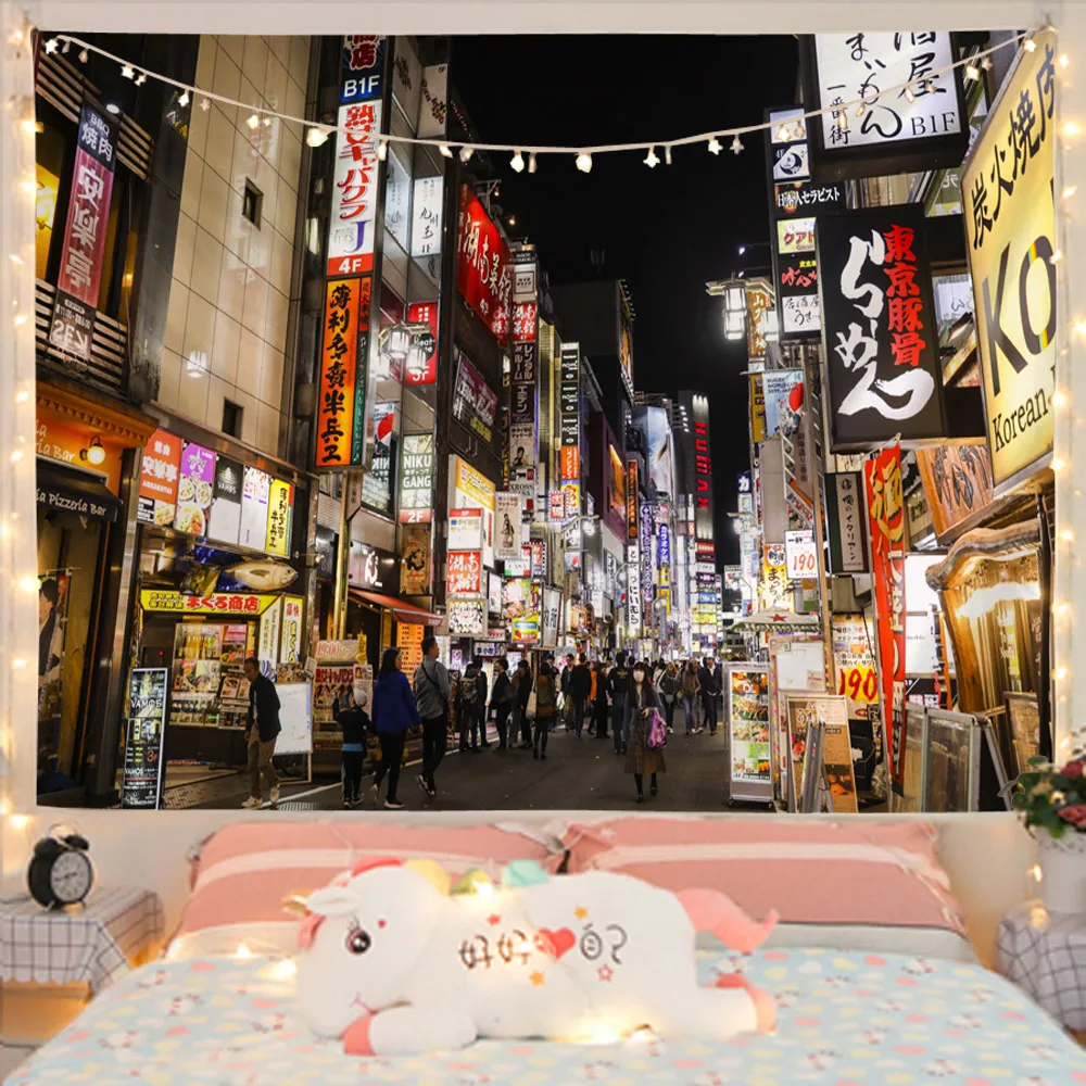 

Bustling street night view Tapestry Wall Hanging night market Wall Tapestry Hippie Flower Wall Carpets Dorm Decor Starry SkyCarp