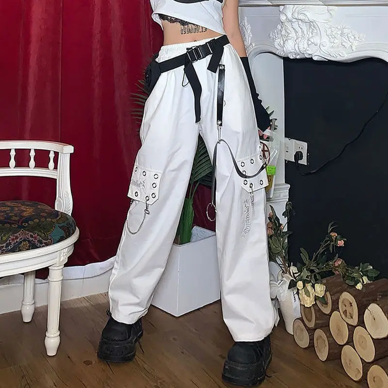 

HOUZHOU Harajuku Punk Black Cargo Pants Women Gothic Chain White Wide Leg Trousers Female Hippie Street Style Emo Mall Goth