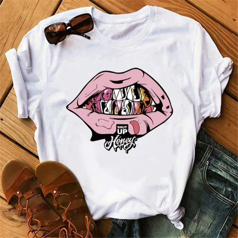 

Harajuku Kawaii T-shirt Summer Tshirt Fashion Short Sleeves Top Tees Female T Shirt Cheaper Tshirt Red Lip Print Women's Tshirts