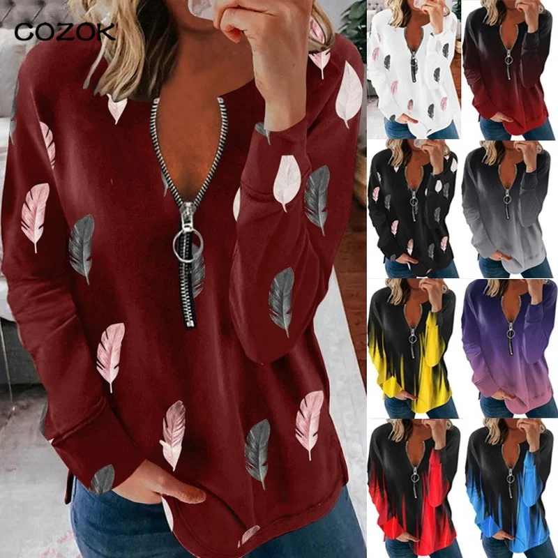 

New Women V-neck Zipper Feather Print Long Sleeve Loose T Shirt Female Autumn Winter Casual Streetwear Tees Shirts Oversized Top
