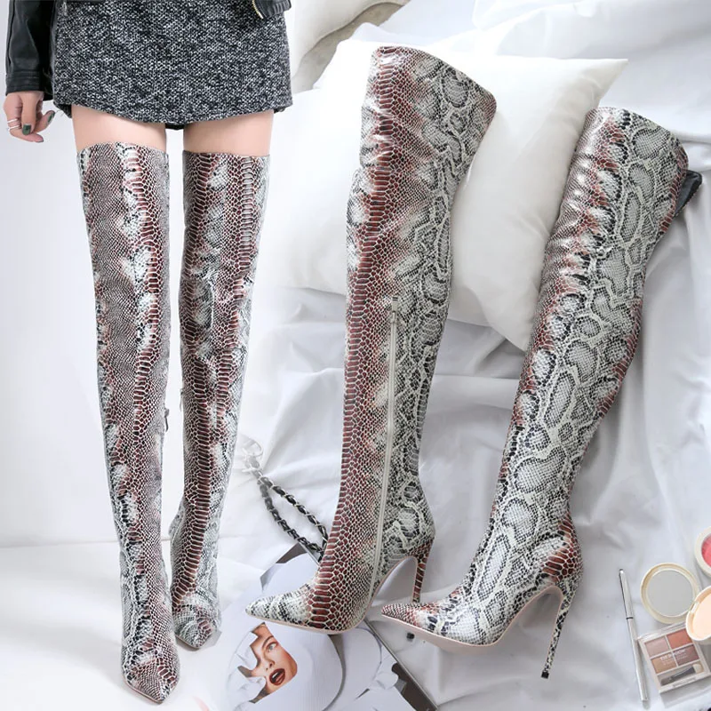 

Newest Women 12cm Shoes Snake Pattern Stiletto High Heels Boots Sexy Lady Elastic Fabric PU Thigh High Pointed Toe Zipper Boots