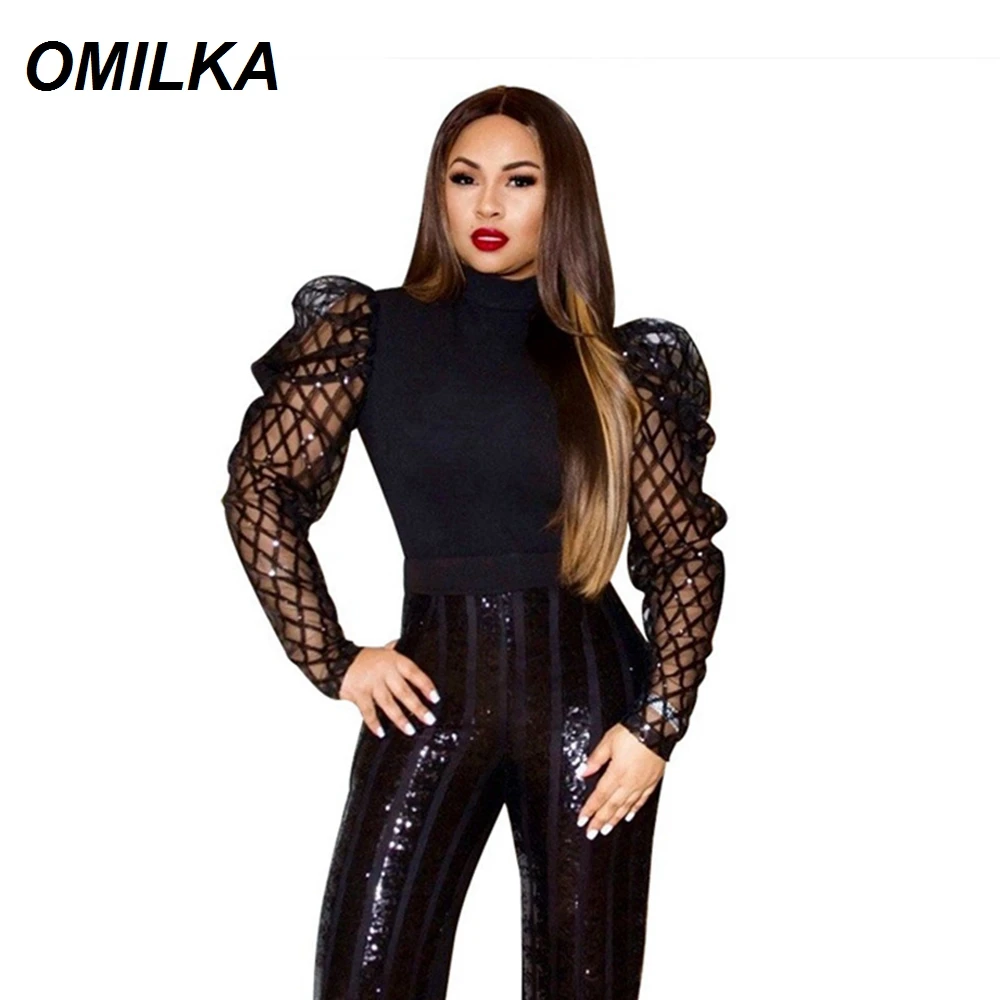 

OMILKA Mesh Puff Sleeve Sequin Blouse Shirt 2020 Autumn Women Long Sleeve O Neck See Through Plus Size Club Party Blouse