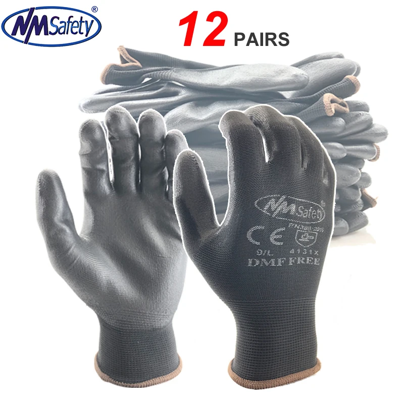 

24Pieces/12 Pairs High Quality Knit Nylon PU Rubber Coating Safety Work Glove For Builders Fishing Garden Work Non-slip Gloves
