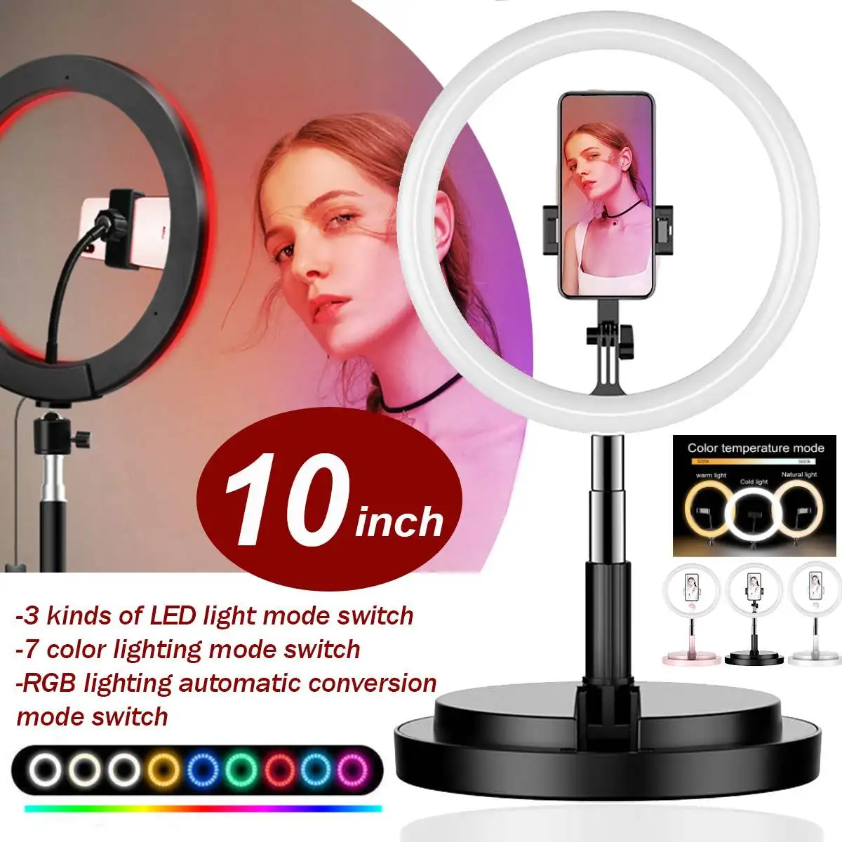 

10 Inch RGB Ring Light with Stand LED Camera Selfie Light for iPhone Tripod Stand Phone Holder Makeup Live Stream Video Photo
