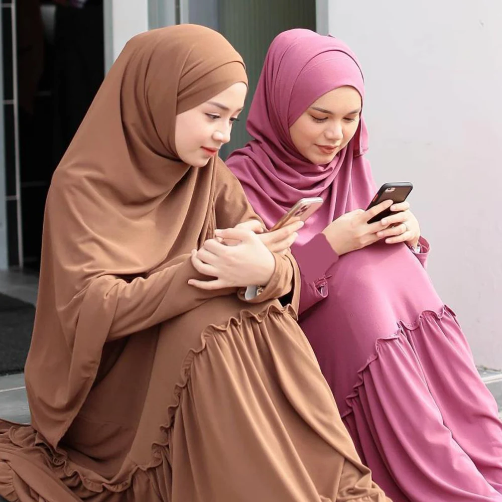 

KALNEMOS Muslim Maxi Dress Autumn 2020 Long Khimar Malaysia Turkish Islamic Worship Robe+hijab Solid Milk Silk Arabic Clothes
