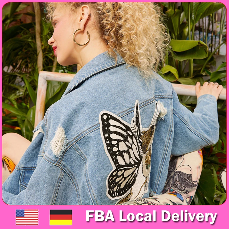 Женская Повседневная куртка с вышивкой ELFSACK голубая повседневная оверсайз