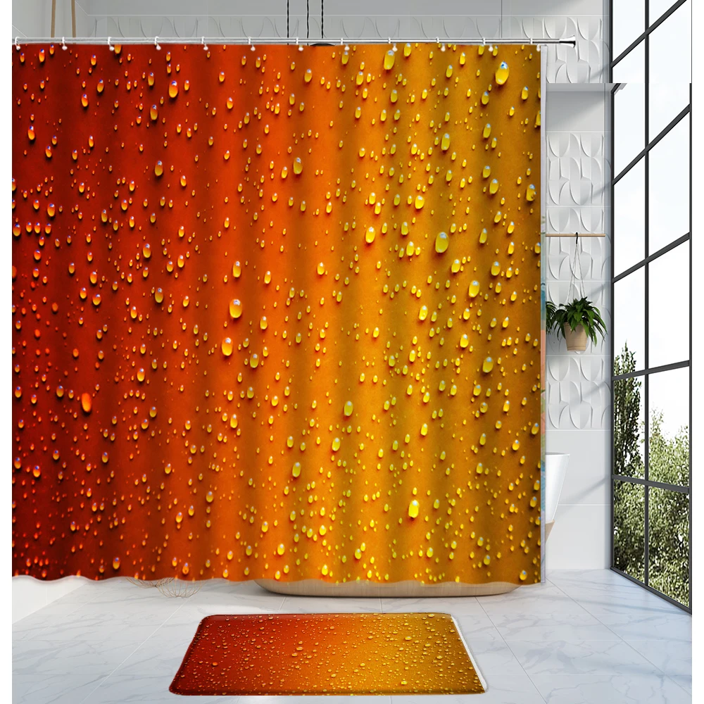 

Drops Of Water Shower Curtain Set Bath Mats Rugs Raindrops Orange Background Washable Bathroom Curtains Home Bathtub Decor