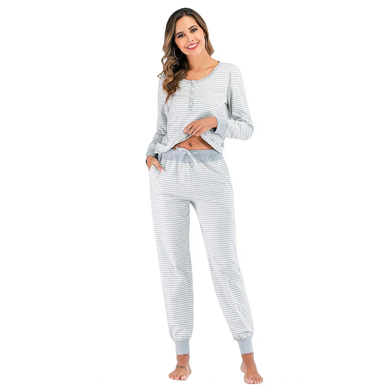 2021 Autumn and Winter New Women's Pajamas Long Sleeve Striped Home Wear Sleep Tops Sleepwear Pijamas Women  Pajamas for Women