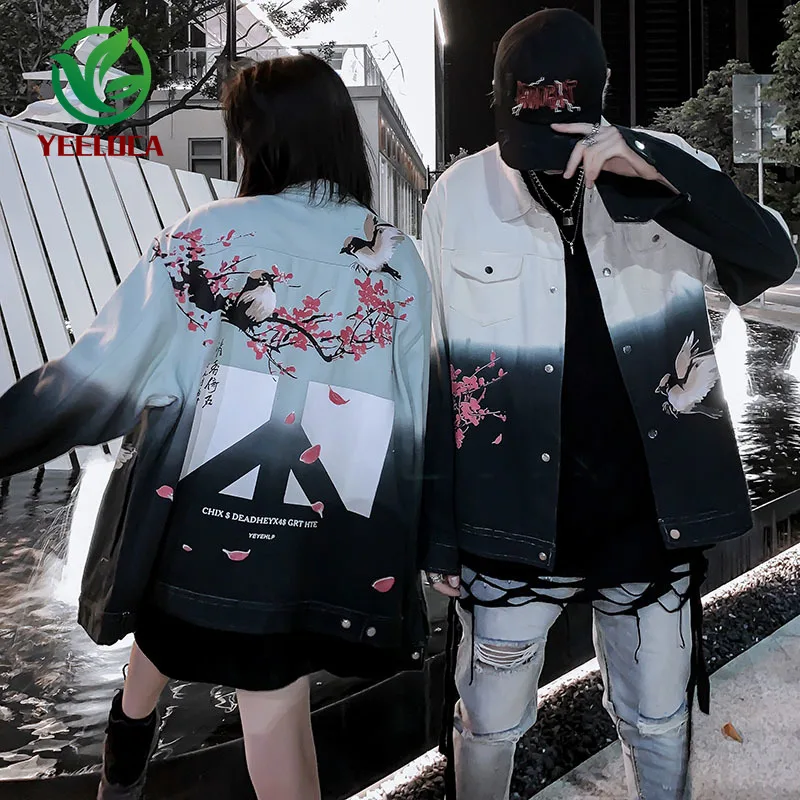 2019 Denim Shirt Male Female Jacket Men Casual Fashion Oversized Color Gradient Anti-War Bird Print Coat | Мужская одежда