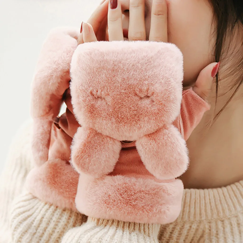 Зимние утолщенные варежки перчатки с полупальцами женские плюшевые