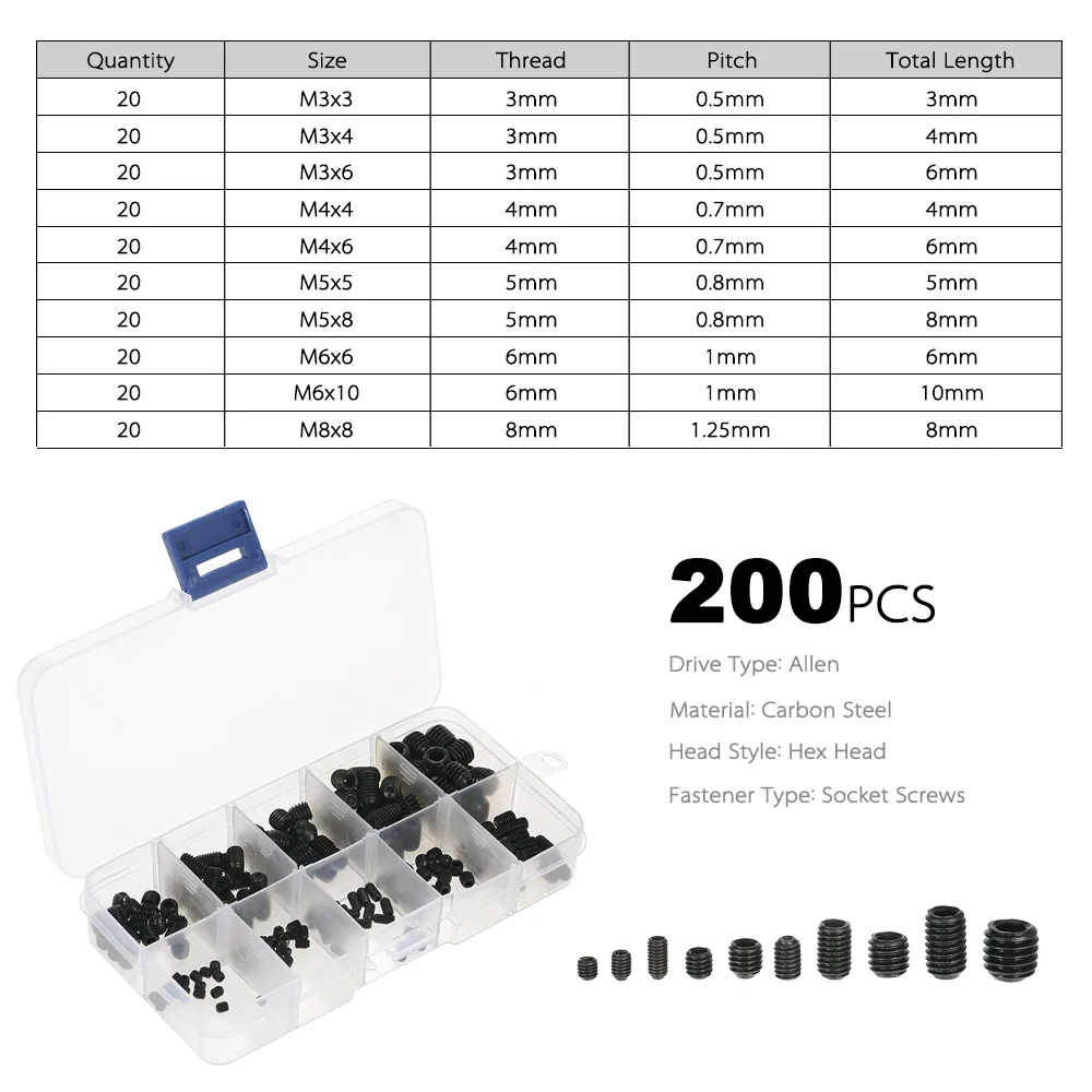 200 шт Черный шестигранный головкой внутренний набор личинка ассортимент винтов