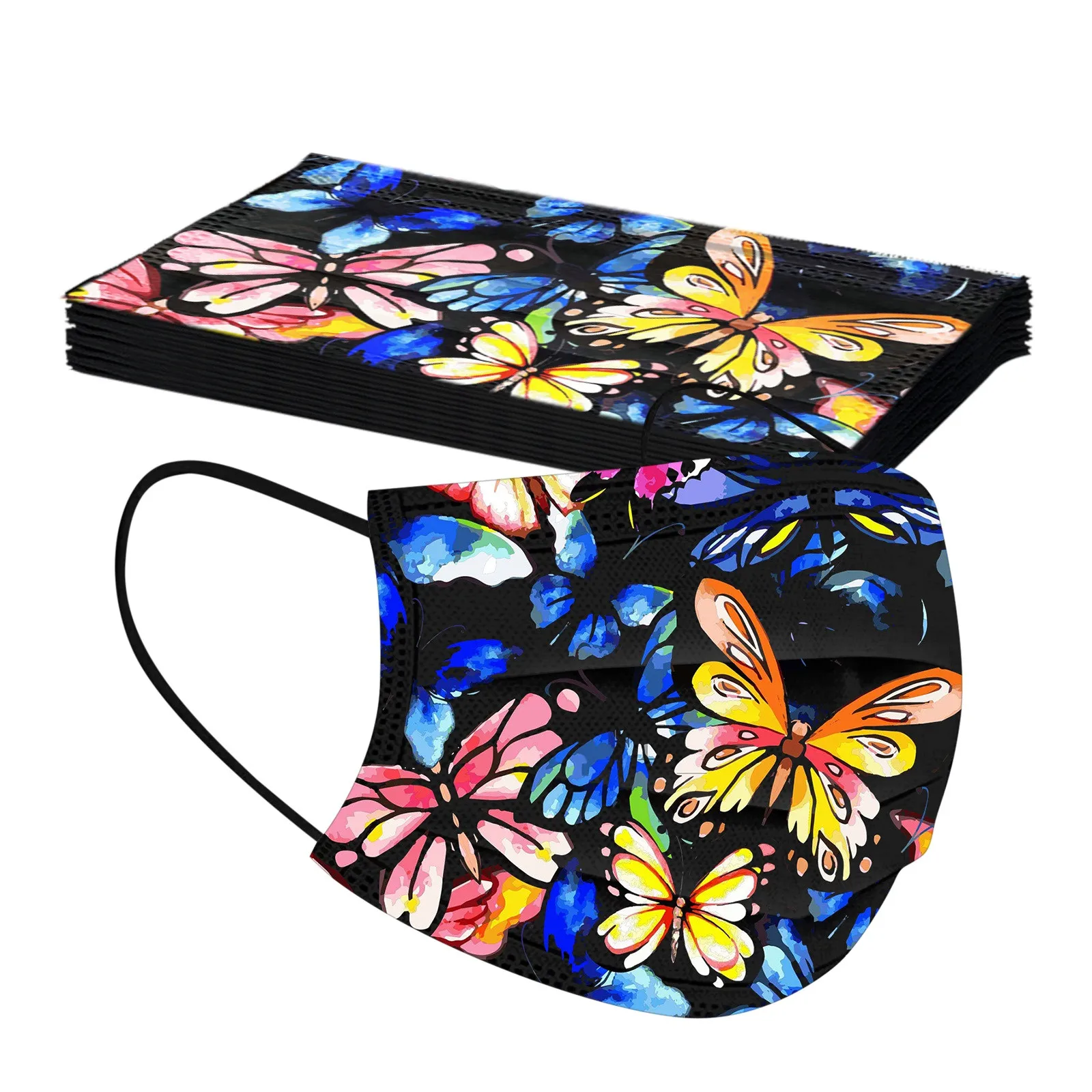 

10pcs Adult Disposable Face Mask Butterfly Print Women Man Face Mouth Mask Industrial 3Ply Ear Loop Black Facemask