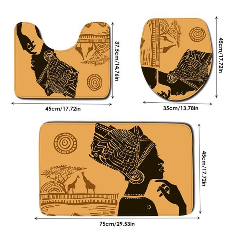 

3Pcs Vintage African Women Pattern Bathroom Rug Set Non Slip Washable Toilet Seat Lid Cover Floor Mat Pedestal Carpet