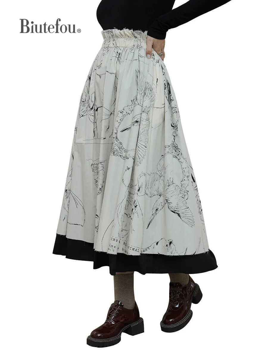 

【Biutefou】Original Design 2021 Autumn Women Exclusive Yamamoto Dark Art Sketch Print Black and White Illustration Skirt