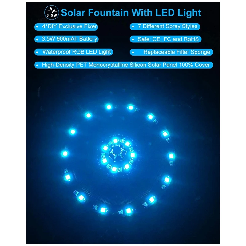 

3.5W Solar Fountain Pump for Bird Bath,with LED Light,Water Fountain for Fish Tank, Outdoor Pond and Garden Decoration