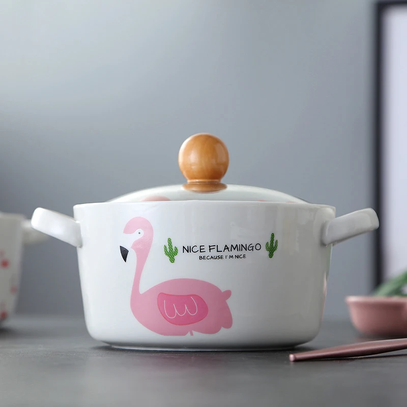 

Cute Flamingo Noodles Bowl with Covered Ear Ceramic Bowl Creative Japanese Cutlery Student's Bowl with Glass Cover