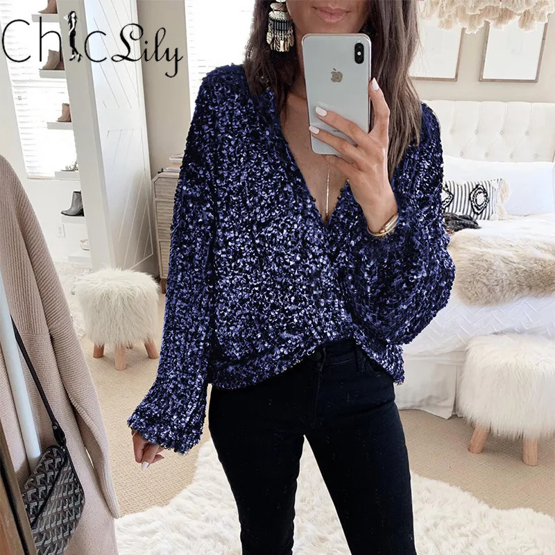 

Long Sleeve Blouses for Women Sequins Glitter Clubwear Shirt Tops Sexy Tied Deep V-neck Streetwear Party Tops Fashion