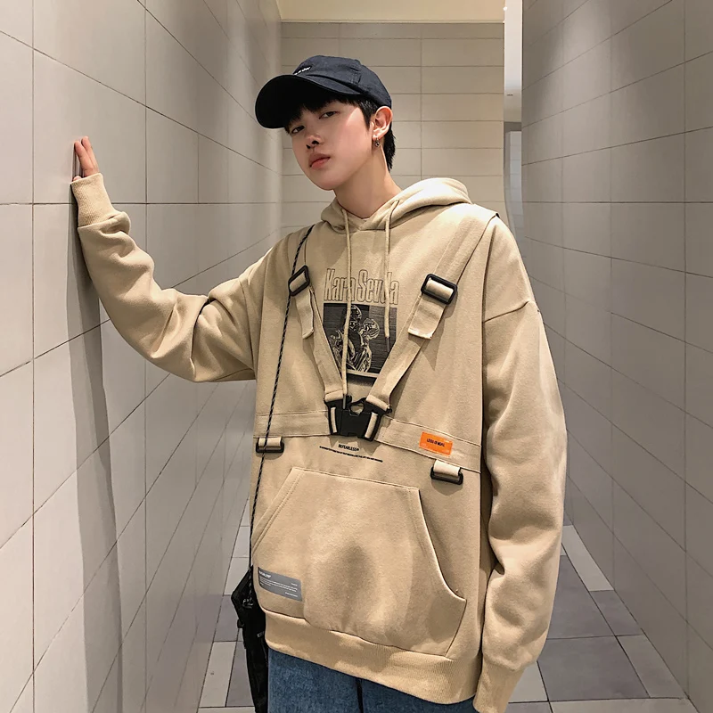 LAPPSTER, мужские толстовки Harajuku с лентами,, Мужская негабаритная Японская уличная одежда, хип-хоп толстовки, корейская мода, худи с капюшоном - Цвет: Apricot