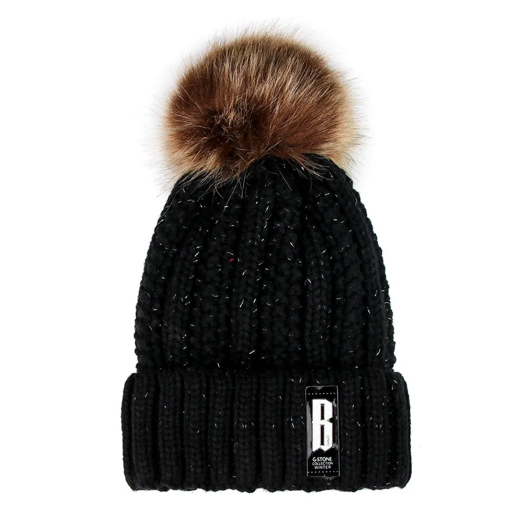 Вязанная шерстяная женская теплая шапка, одноцветная утолщенная шерстяная шапка в полоску, вязанная ветрозащитная теплая зимняя шапка с меховым помпоном, czapka zimowa