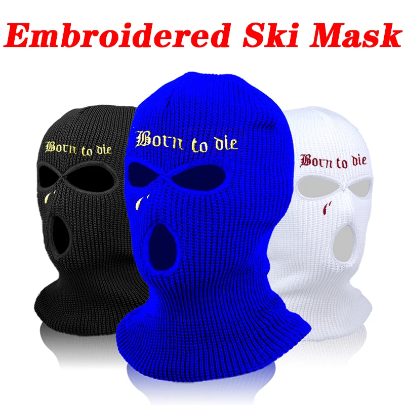 

New Fashion Embroidered Knit Ski Mask Winter Balaclava Hat 3-Hole Knitted Full Face Cover Ski Neck Gaiter Warm Knit Beanie