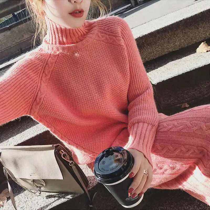 Женский вязаный костюм из двух предметов свитер с длинным рукавом и высоким