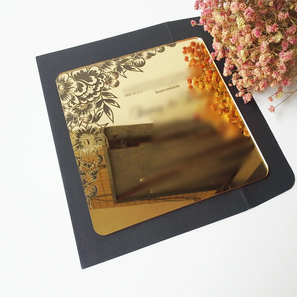 Sample order for 7*7inch flower elements square shape golden mirror acrylic laser cut wedding invitation card