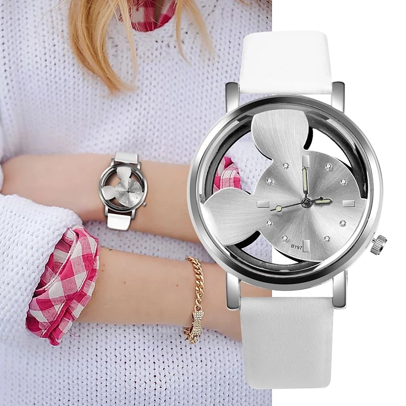 

Luxury Brand Mickey Women Watch Fashion Transparent Hollow Dial Leather Women Watch Girl boy watch Popular gift zegarki meskie