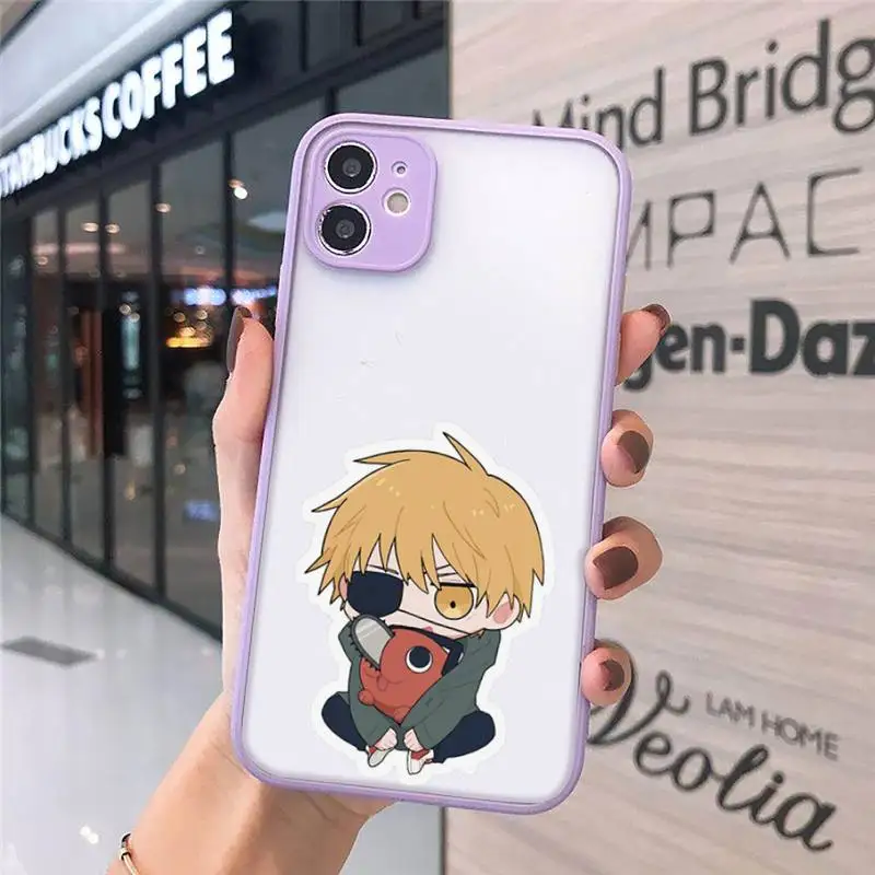 

Anime Chainsaw Man Cartoon Phone Case For iPhone 12 11 Mini Pro XR XS Max 7 8 Plus X Matte transparent Purple Cover