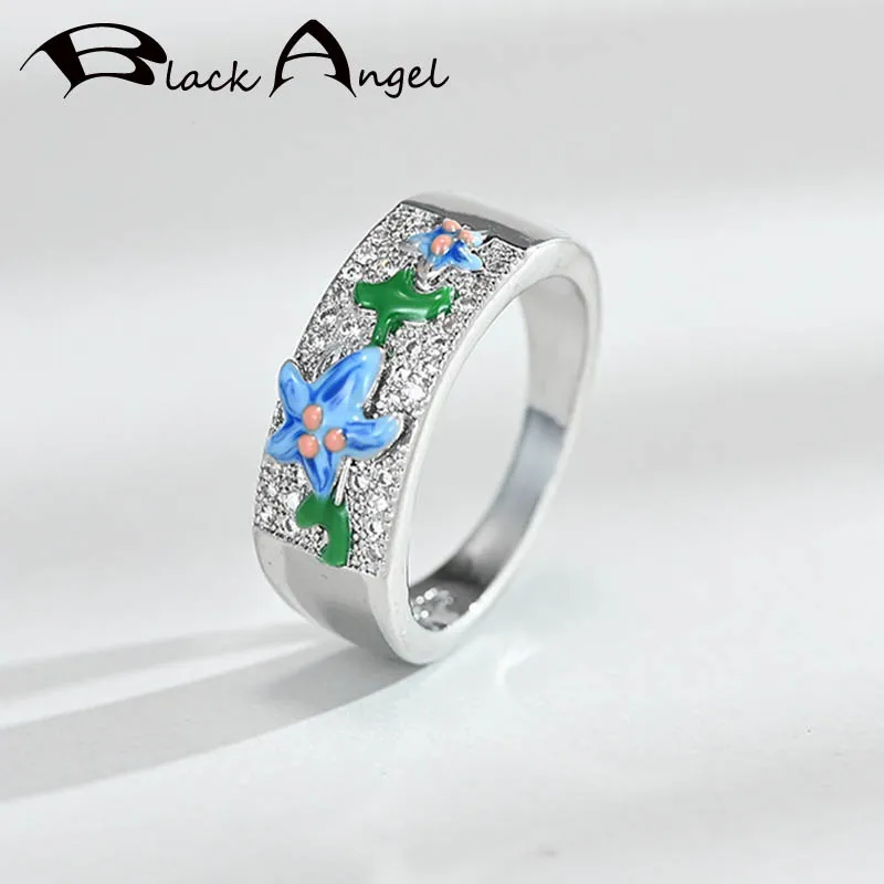 

BLACK ANGEL Fashion Blue Enamel Seastar Flowers Rings for Women 925 Silver Finger Ring 2020 New Jewelry Party Wholesale