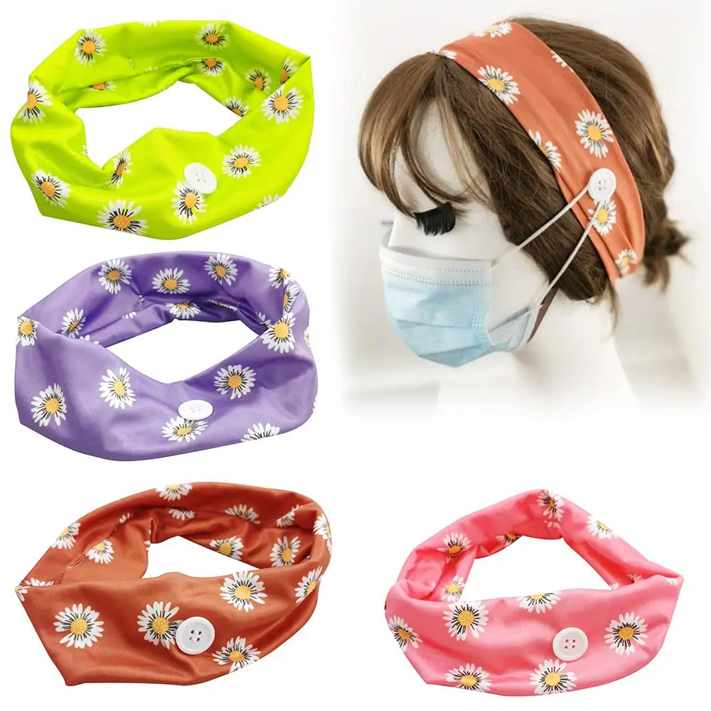 

2Pcs Sunflower Print Headband Buttons-Elastic Running Sports Hair Band Headwear for mask