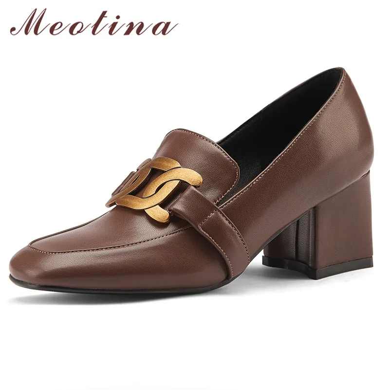 

Meotina Square Toe Pumps High Heel Women Shoes Metal Decoration Chunky Heels Shoes Ladies Dress Footwear Spring Brown 2021 43