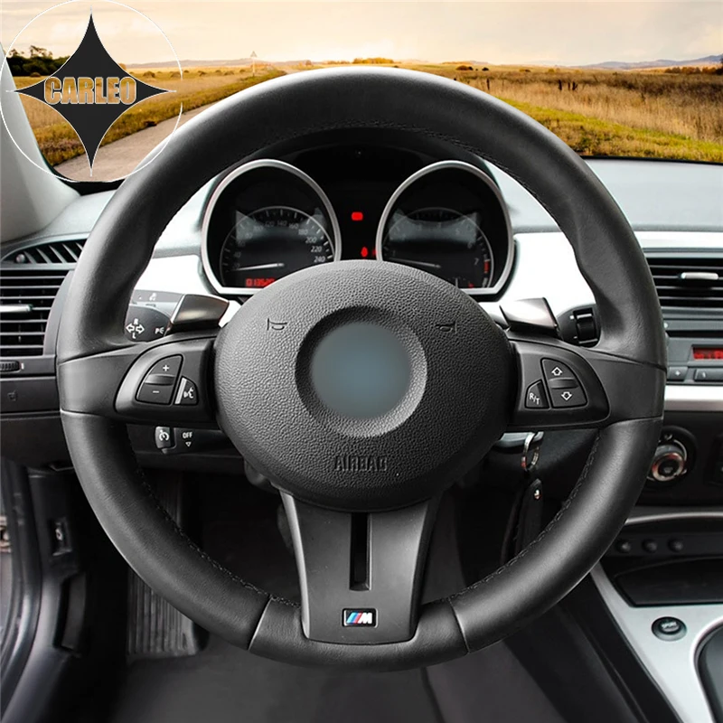 DIY Car Steering Wheel Cover for BMW Z4 Z4M E85 Roadster E86 Coupe 2006-2008 Genuine Black Leather Hand Stitching Custom Holder