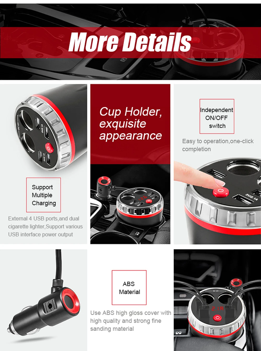 VR robot Dual Car Cigarette Lighter Socket Splitter Adapter 5V 2.1A 4 Ports USB Charger Voltage Monitor Car Cup Holder